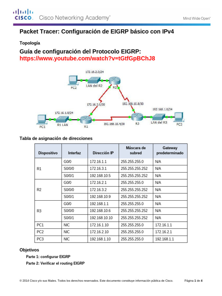 Practica 7.2.2.4 Packet Tracer - Configuring Basic EIGRP With IPv4 ...