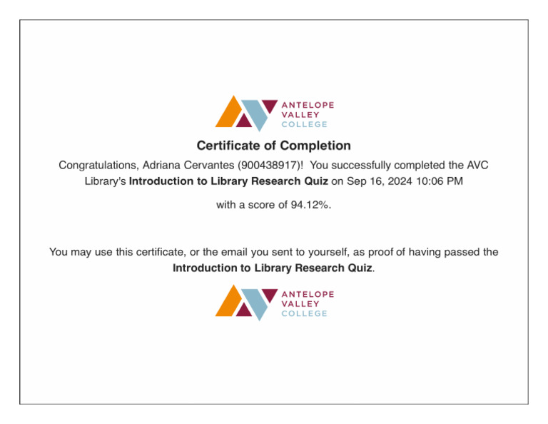Certificate of Completion - Quiz - Introduction To Library Research | PDF