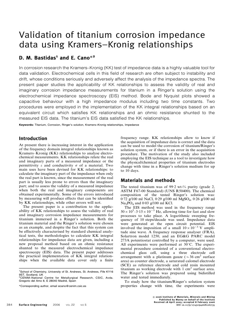 Validation of titanium corrosion impedance data using kramers kronig