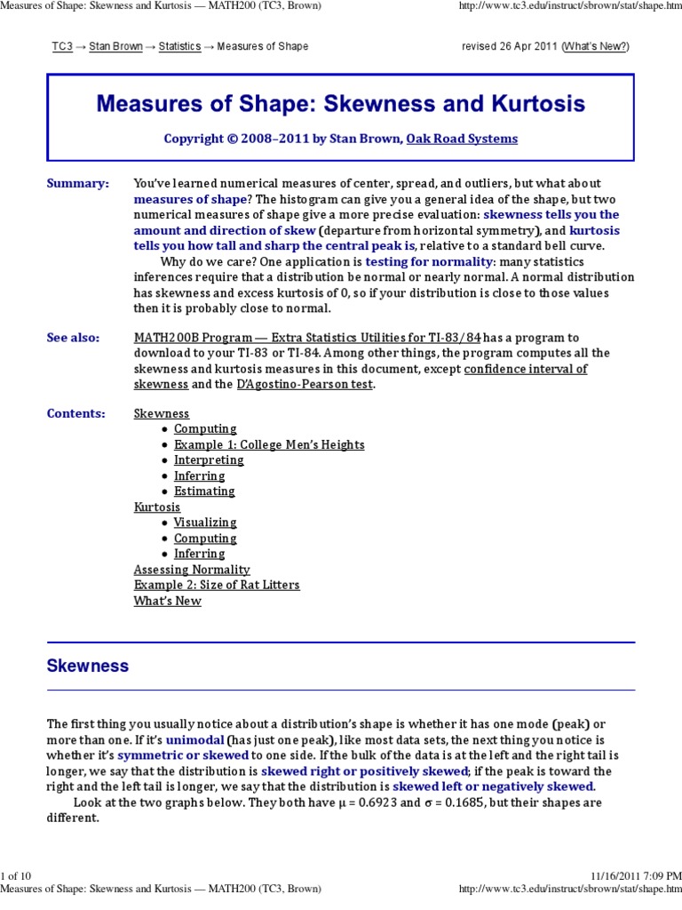 Measures of Shape - Skewness and Kurtosis - MATH200 (TC3, Brown) | PDF ...