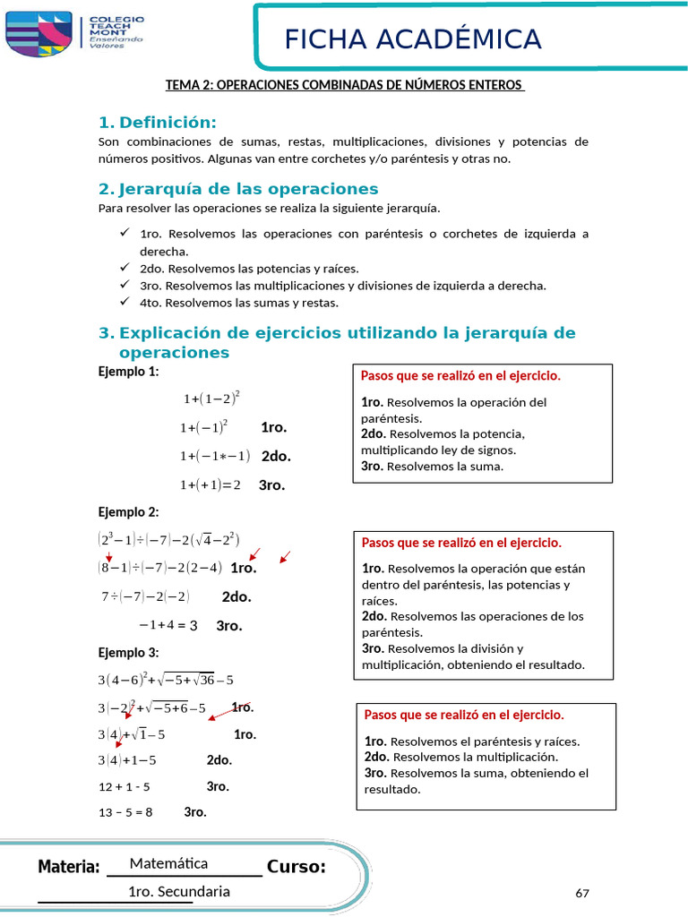 Tema 2 Operaciones Combinadas De Numeros Enteros Pdf