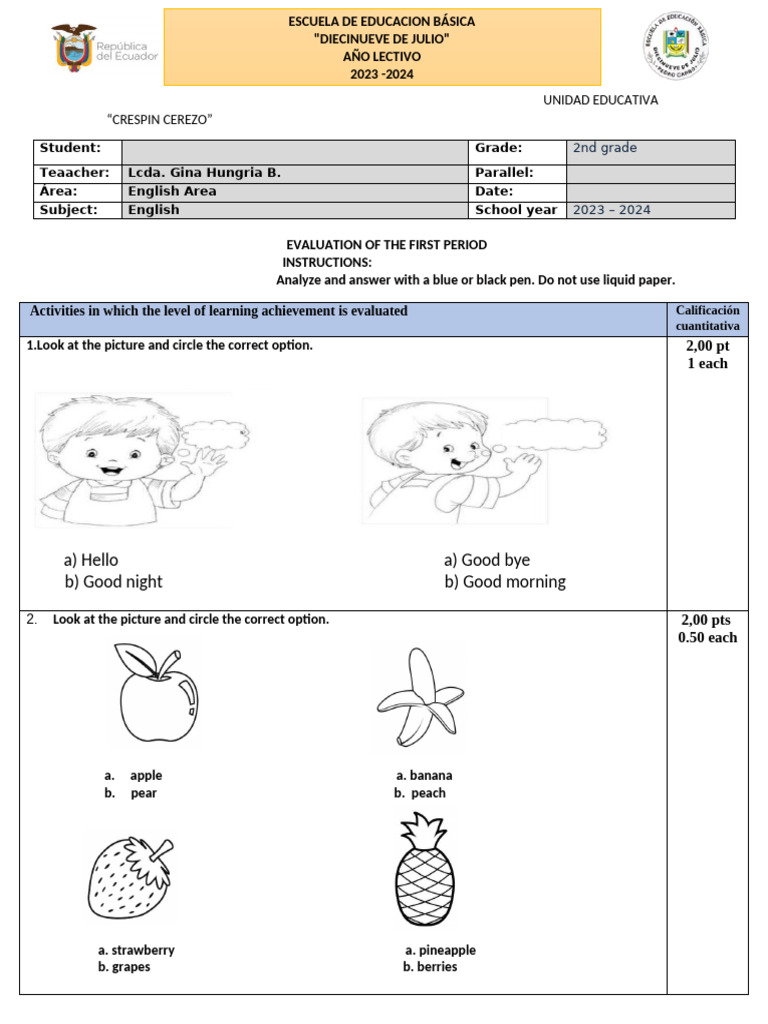 Examen de Ingles SEGUNDO GRADO | PDF