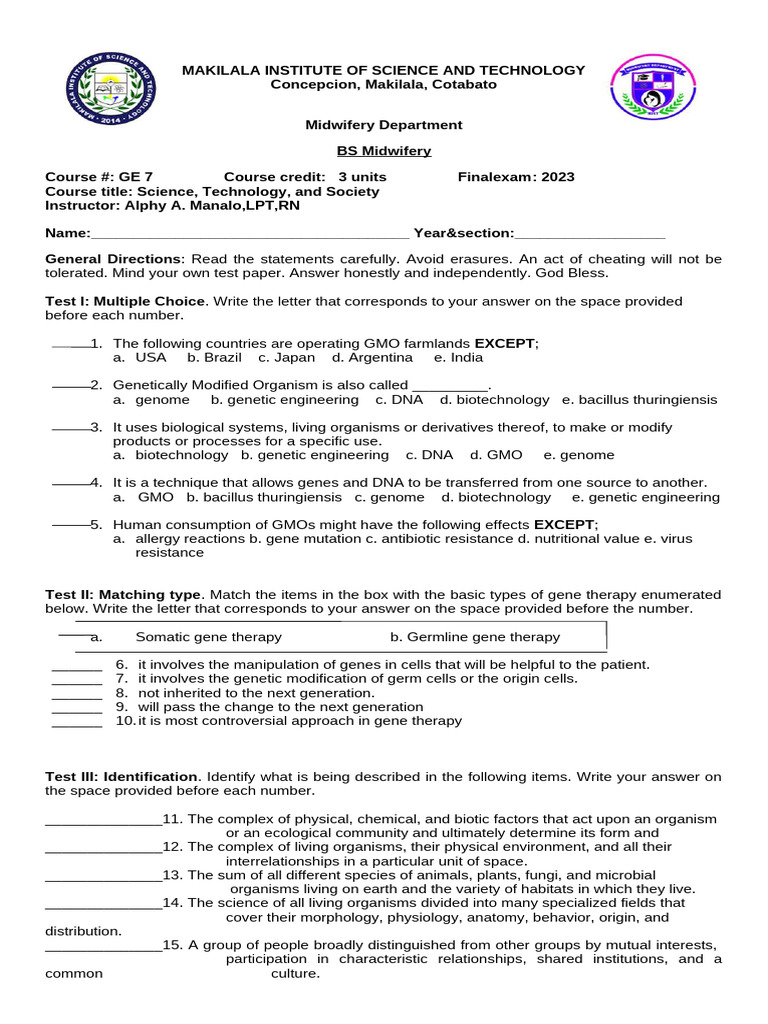 STS Final Exam | PDF | Genetic Engineering | Genetically Modified Organism