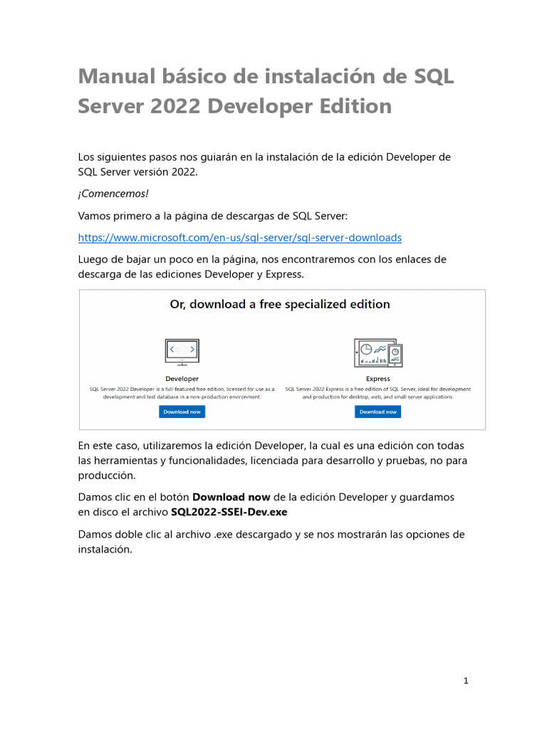 Manual Básico de Instalación de SQL Server 2022 Developer Edition | PDF