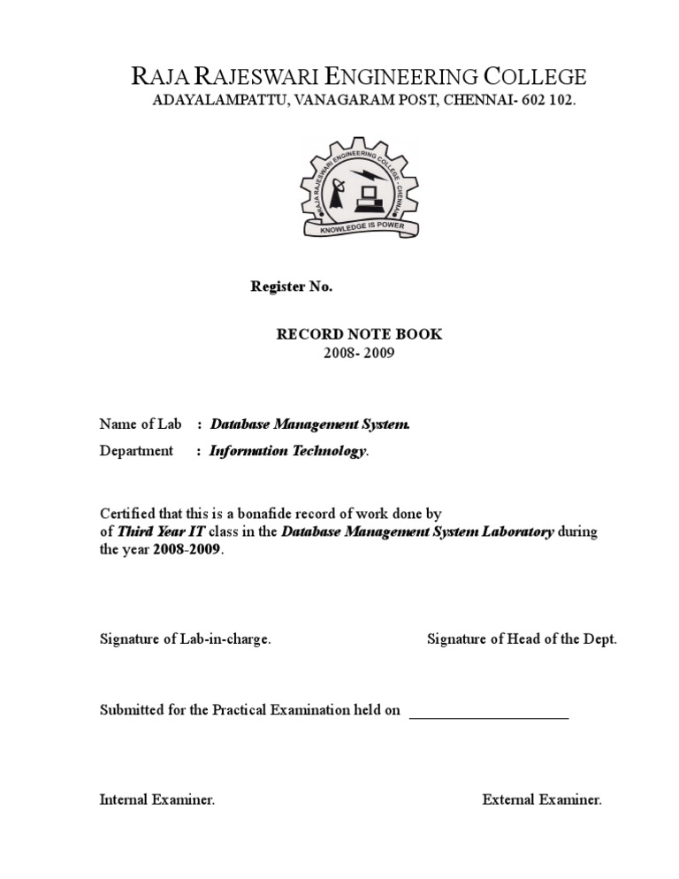 DBMS Lab Record for IT Students | PDF | Technology & Engineering