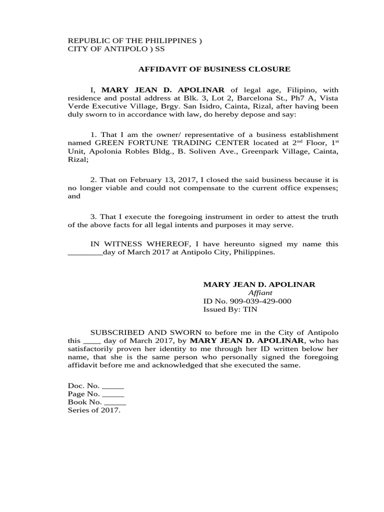 Affidavit of Business Closure | PDF