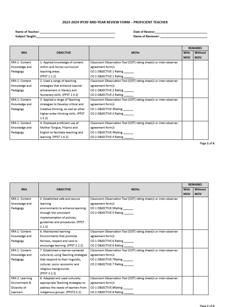 Mid Year Review Form Proficient Teacher | PDF