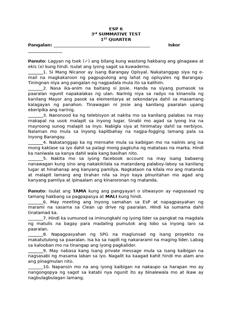 Esp 6 - Summative Test No. 3 | PDF