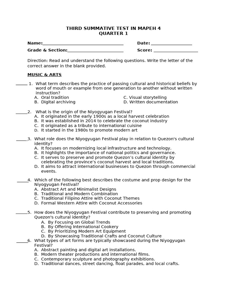 Third Summative Test Mapeh 4 Quarter 1 | PDF