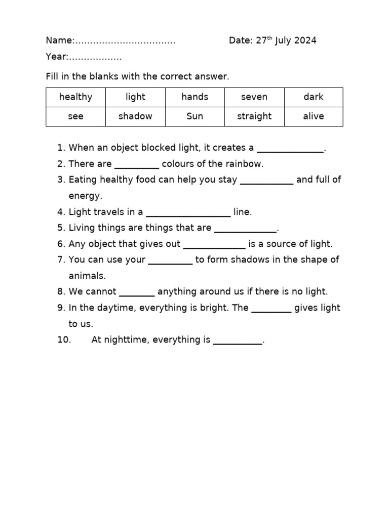 Year 2 Science Worksheet on Light | PDF | Self-Improvement