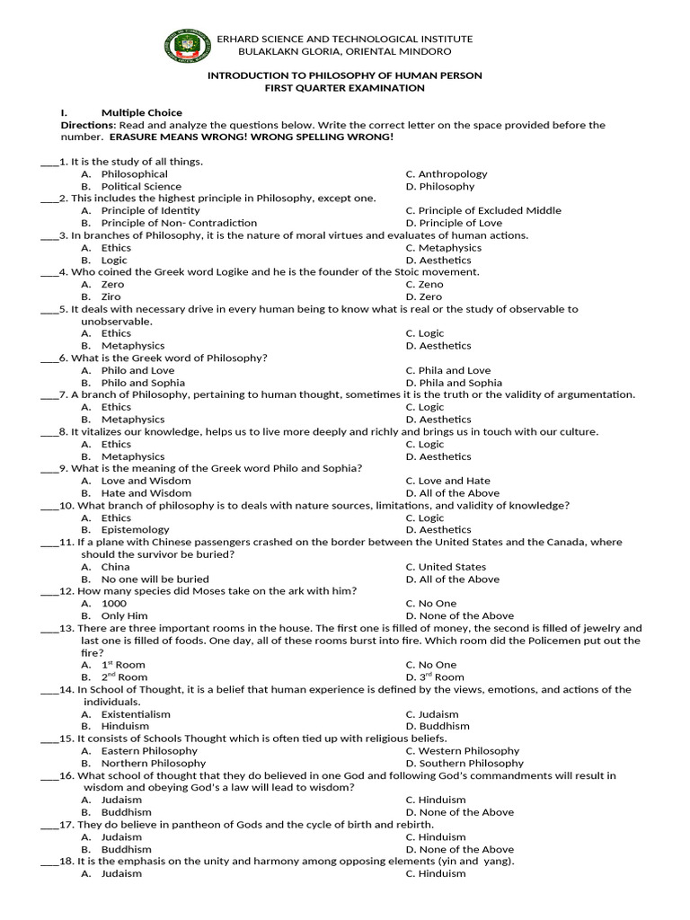 Philo 1st Quarter Exam All Strand Pdf Logic Science Mathematics