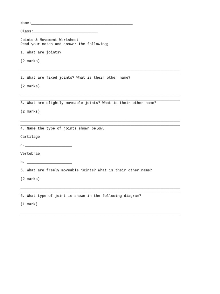 Joints Movement Worksheet 1 PDF | PDF