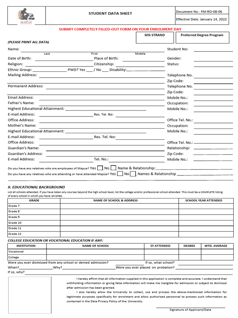 Fm-Ro-08-06 - Student Data Sheet | PDF