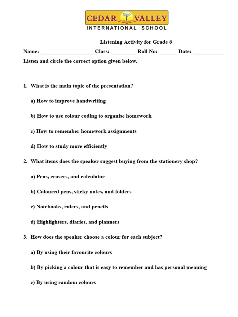 Grade 6 Listening Activity Worksheet Pdf