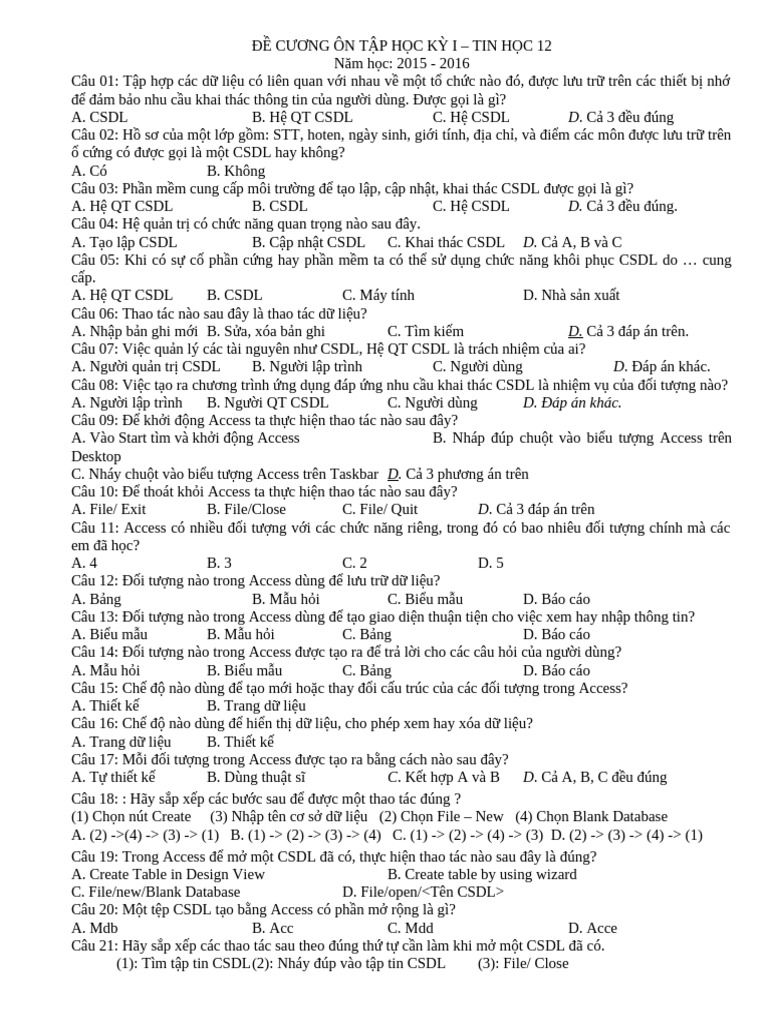 De Cuong hk1 Tin 12 | PDF