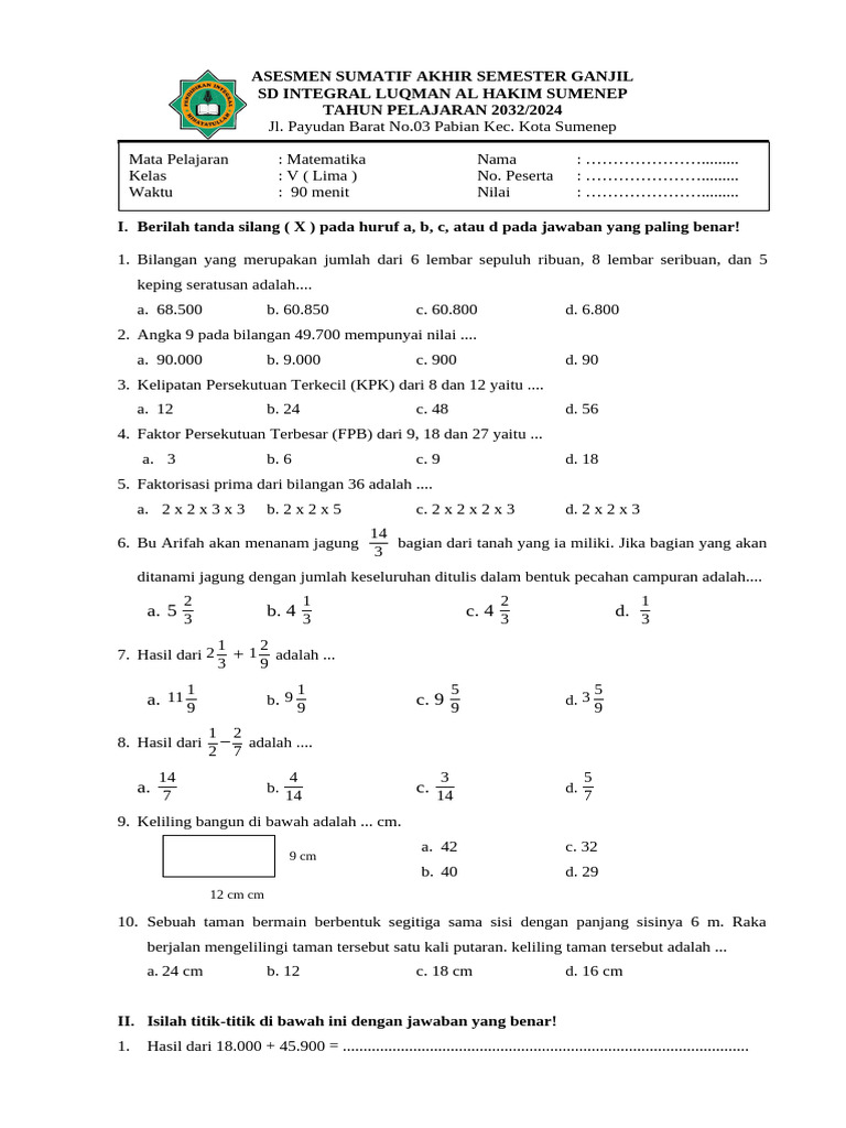 Pas MTK Kls 5 23-24 | PDF
