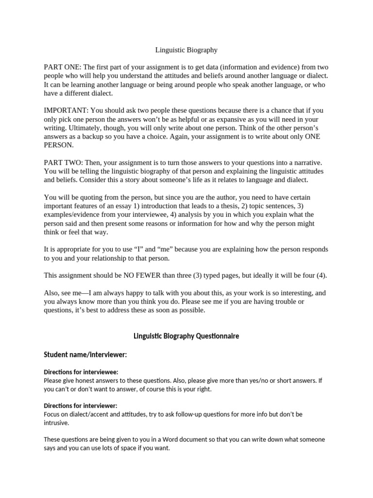 Linguistic Biography Assignment and Questionnaire | PDF