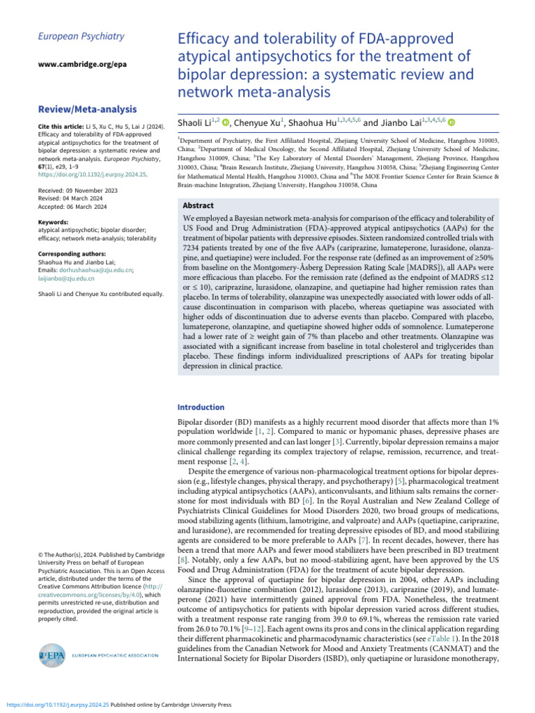 Efficacy and Tolerability of FDA Approved Atypical Antipsychotics For ...