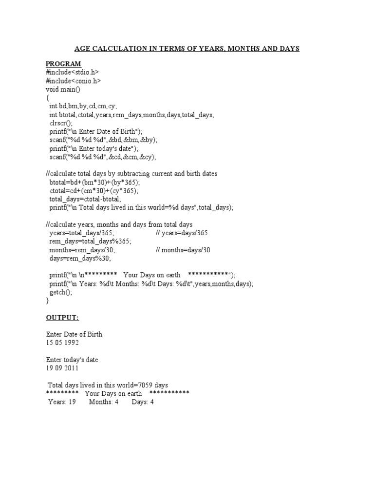 Age Calculation in Years, Months, Days | PDF | Finance & Money ...
