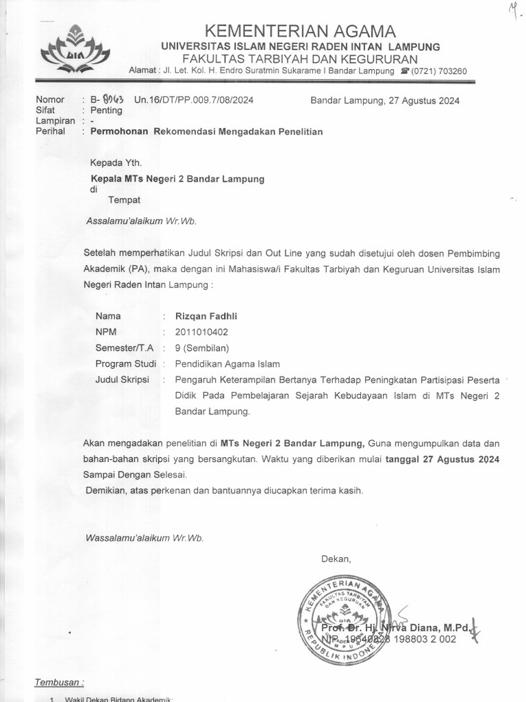 Permohonan Penelitian Rizqan Fadhli | PDF