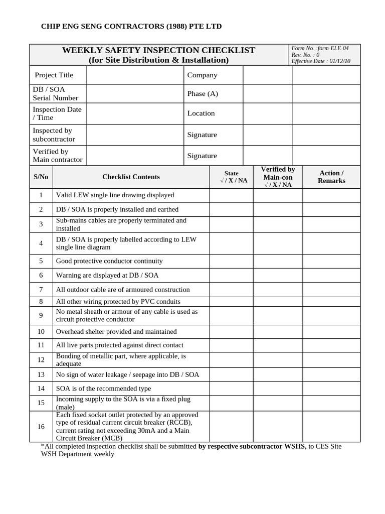 ELE04.Weekly Safety Insp Checklist For Site Distribution Installation | PDF