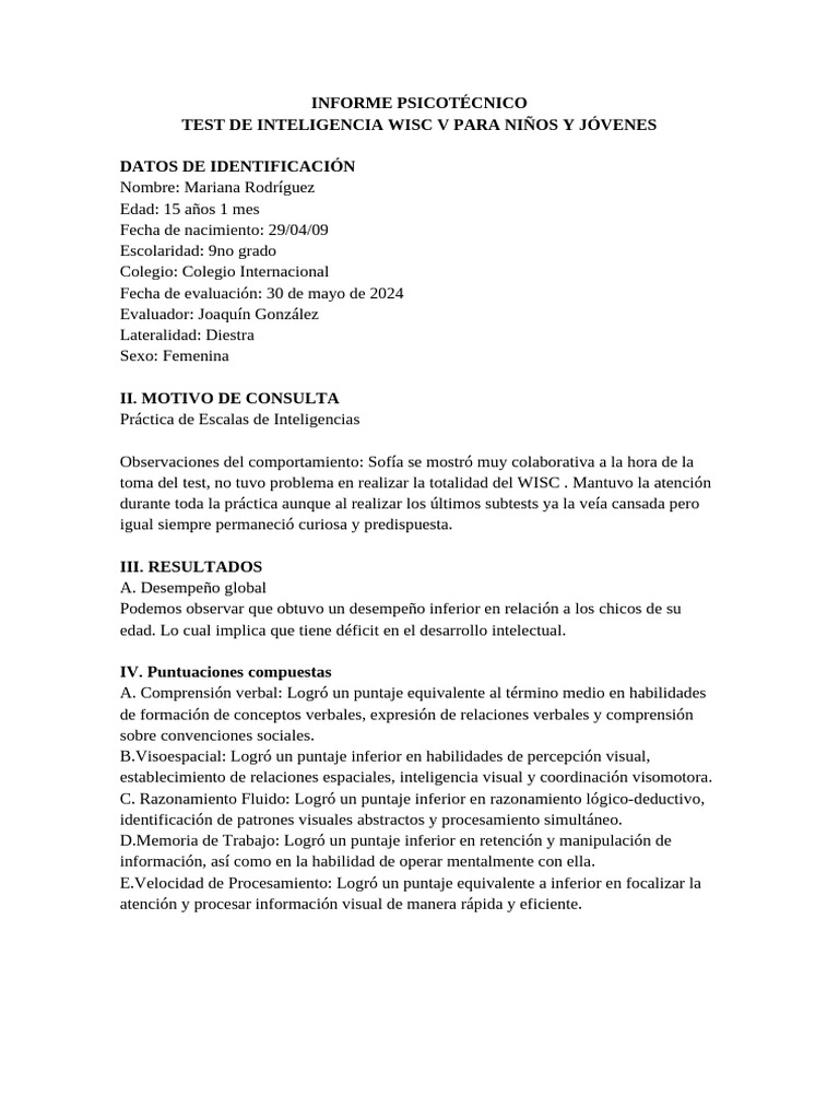 Informe WISC V: Evaluación de Inteligencia Infantil | PDF ...