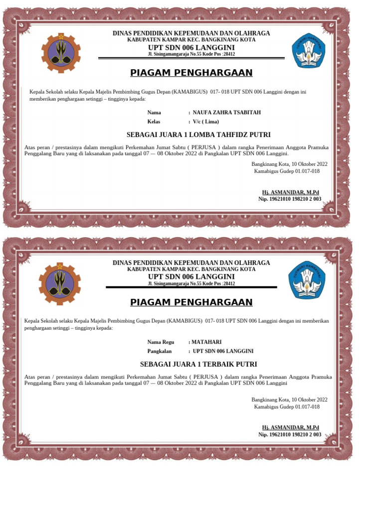 Piagam Pramuka JUARA 1 | PDF