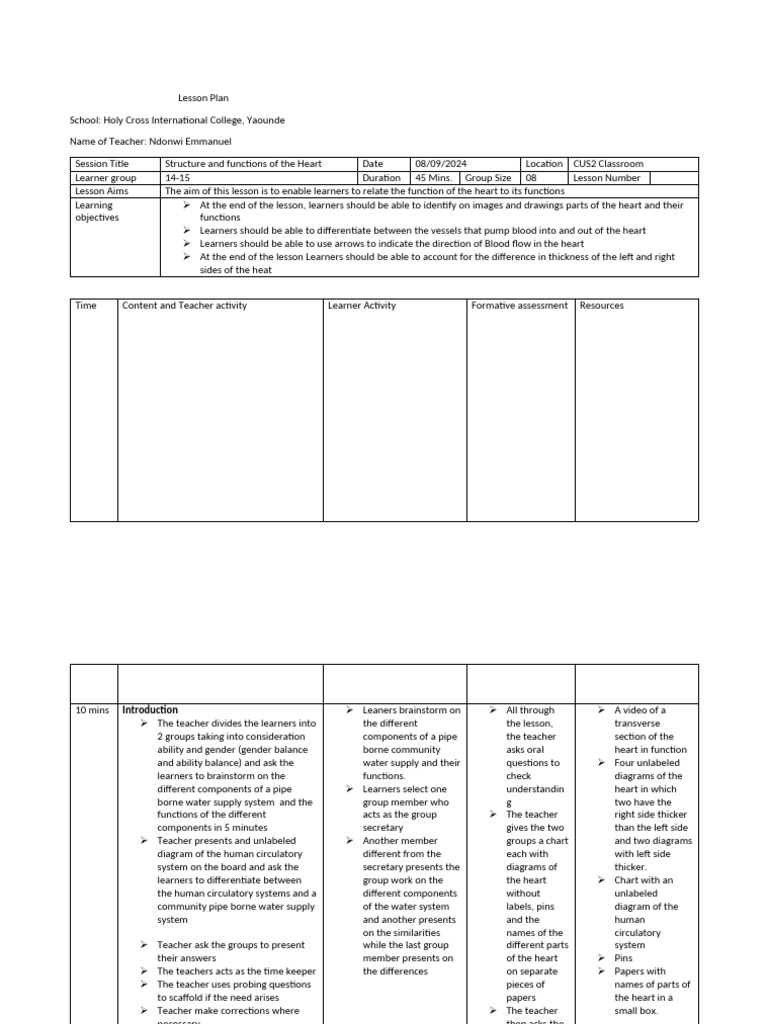 Heart Structure and Function Lesson Plan | PDF | Heart | Blood Vessel