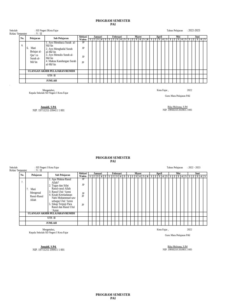 Program Semester 2 Kelas 5 Pai Pdf