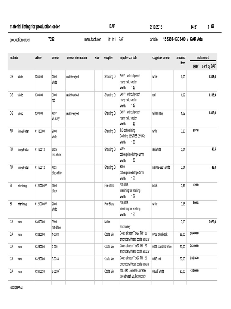 FA 7352 Material List Whole Order | PDF