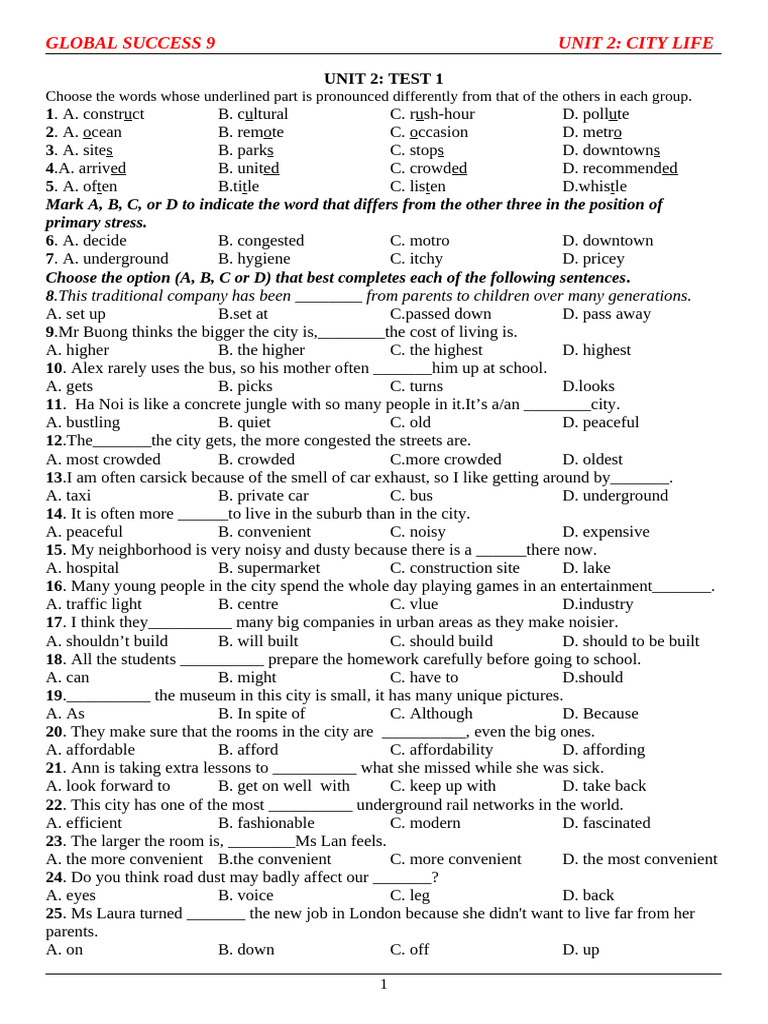 Bài Tập Bổ Trợ Global Success 9 Unit 2 (Practice Test) | PDF