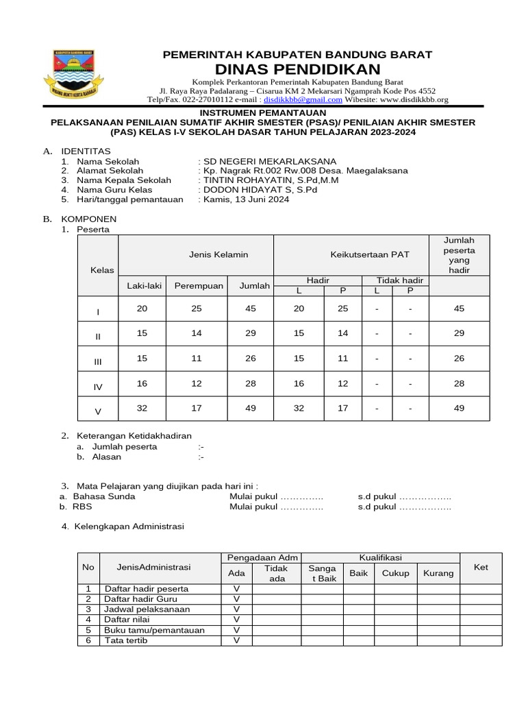 Instrumen Monev Psas (Pas) I-V TP 2023-2024 | PDF