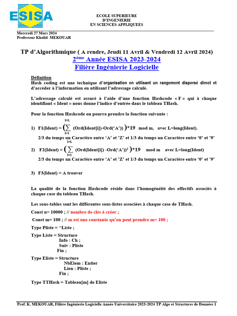 2 Année ESISA 2023-2024 Filière Ingénierie Logicielle: TP D ...