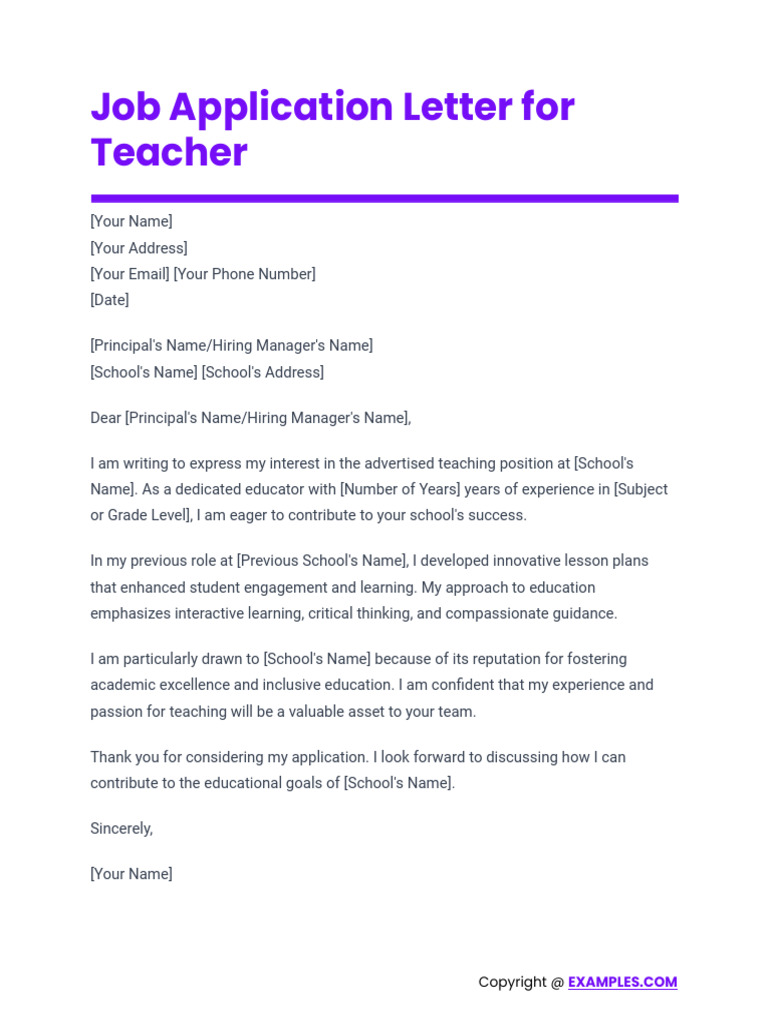 Job Application Letter For Teacher | PDF