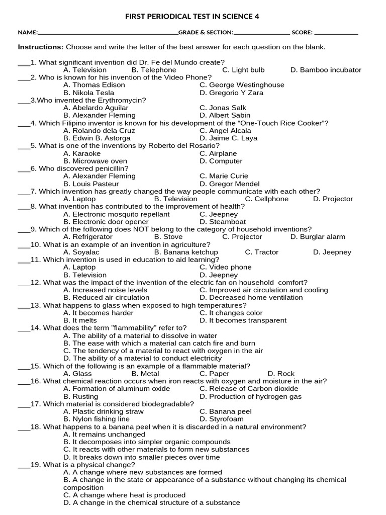 Grade 4 Science First Periodical Test | PDF | Water | Waste