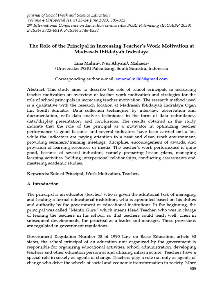 The Role of The Principal in Increasing Teacher's Work Motivation at | PDF