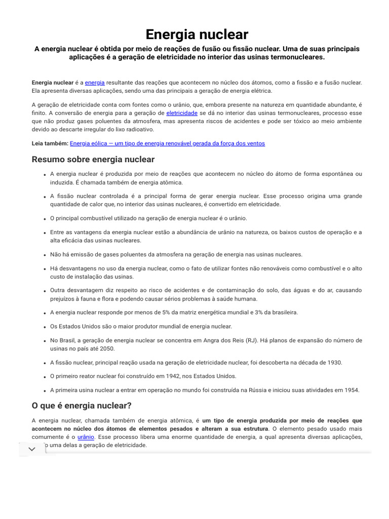 Energia Nuclear O Que é Como Funciona Tipos Brasil Escola Pdf