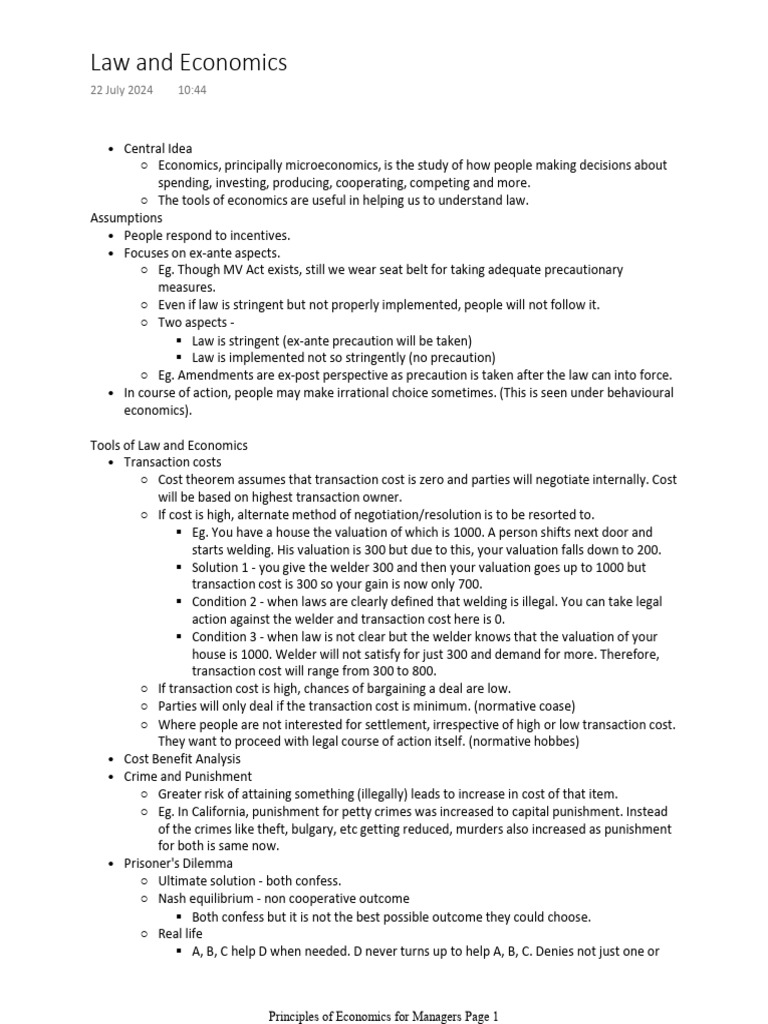 Managerial Economics Notes - 24.07.2024 | PDF | Economics | Law