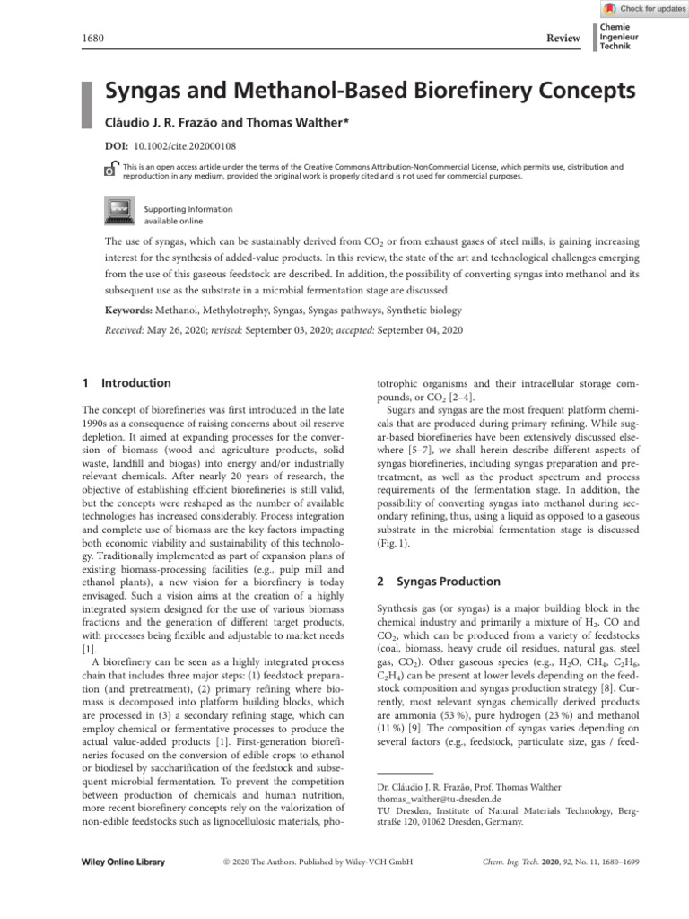 Syngas and Methanol Based Biorefinery Concepts | PDF