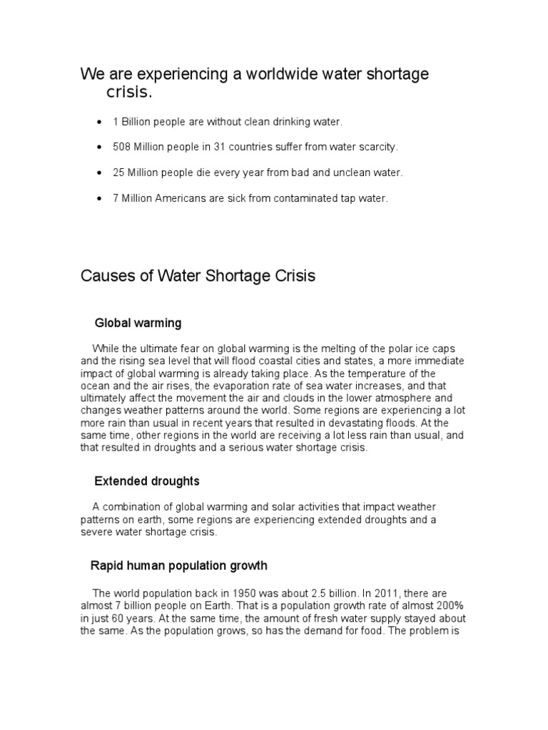 Global Water Shortage Crisis Overview | PDF | Water Scarcity | Global ...