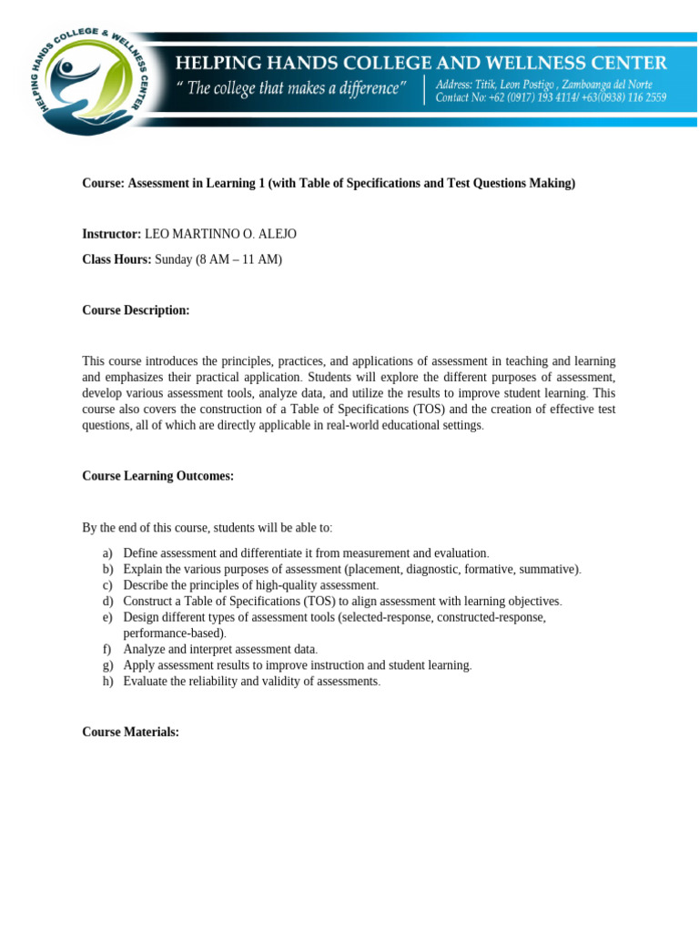 Assessment in Learning 1 Course Syllabus 1 | PDF | Educational ...