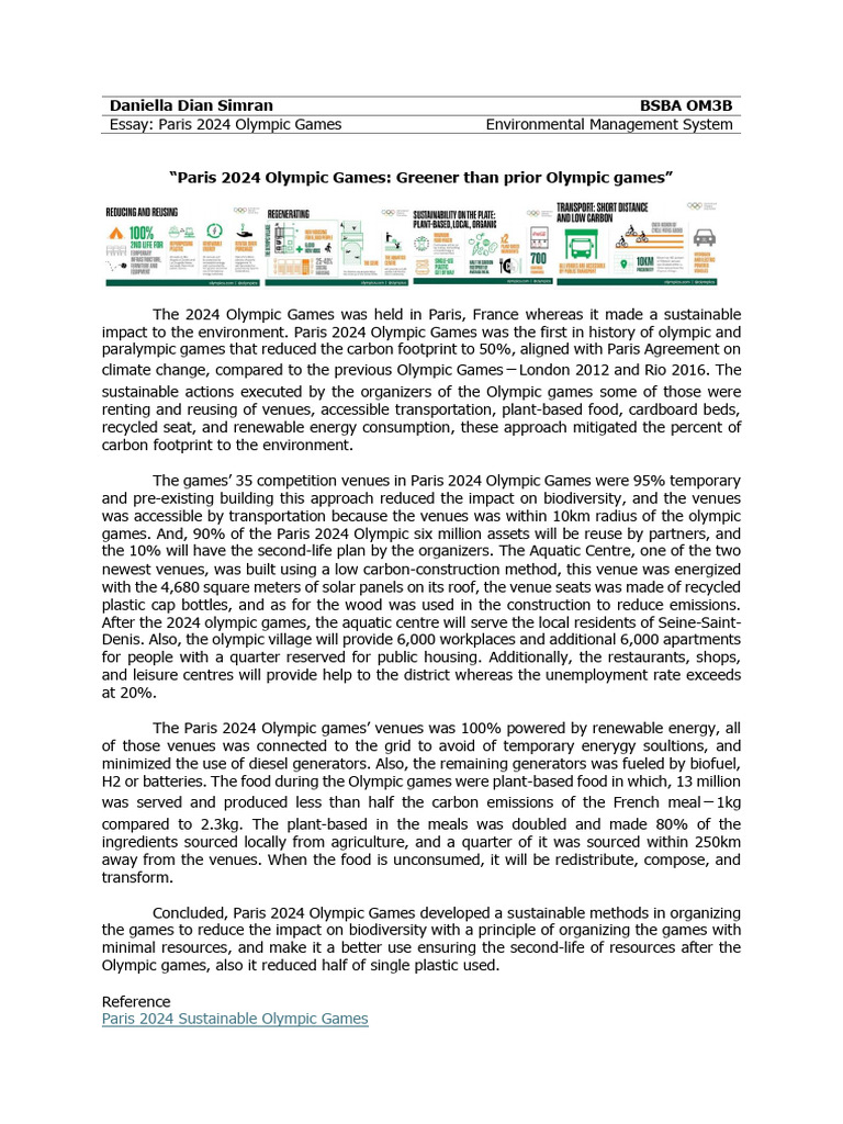 Paris 2024 Olympic Games Essay | PDF | Sustainability | Carbon Footprint