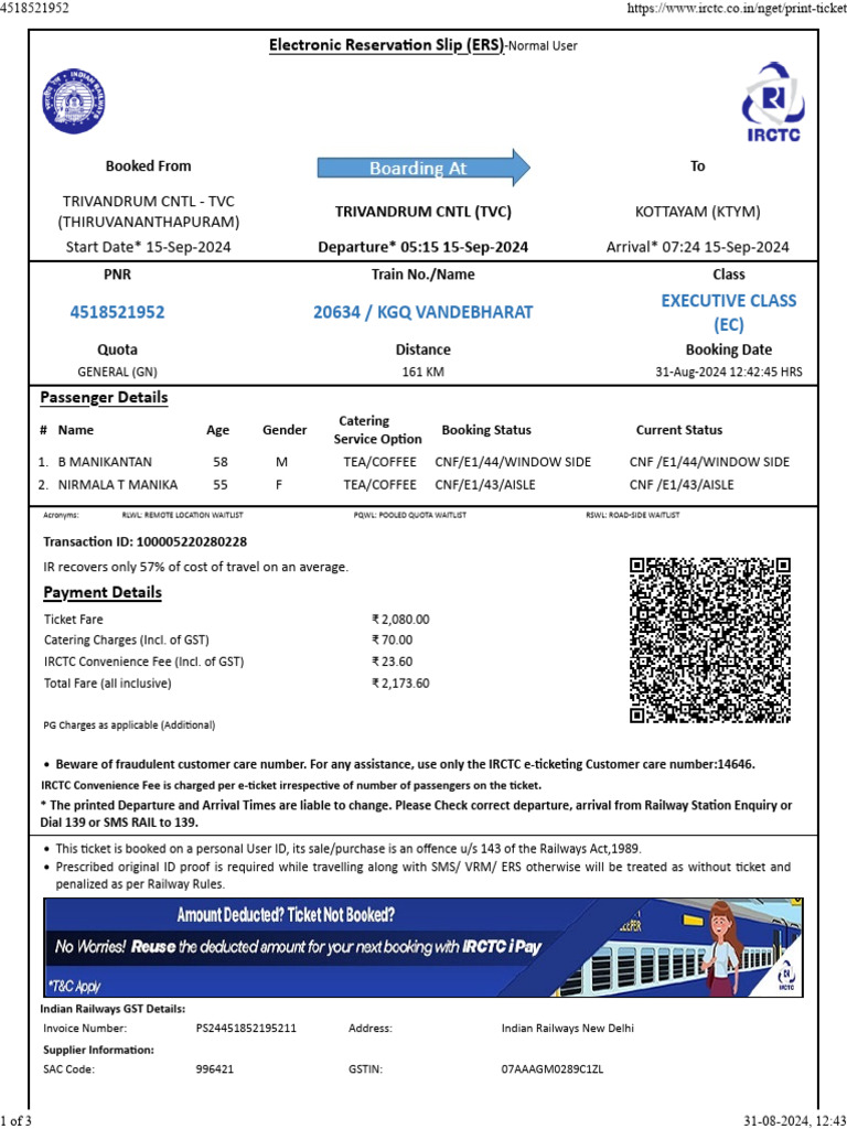 TVC Kottayam 15 Sep Train | PDF