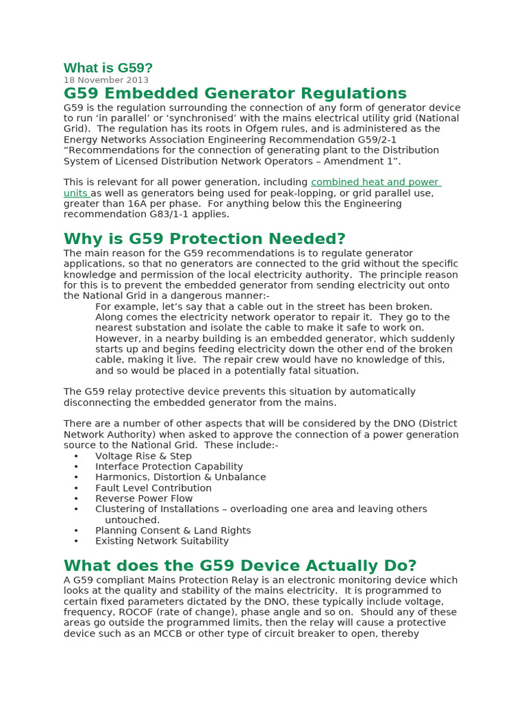 What Is G59 Embeded Generator Regulations | PDF