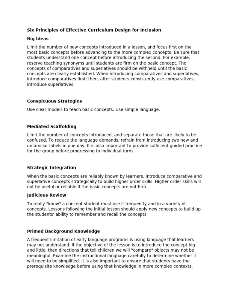 Six Principles Of Effective Curriculum Design For Inclusion Pdf