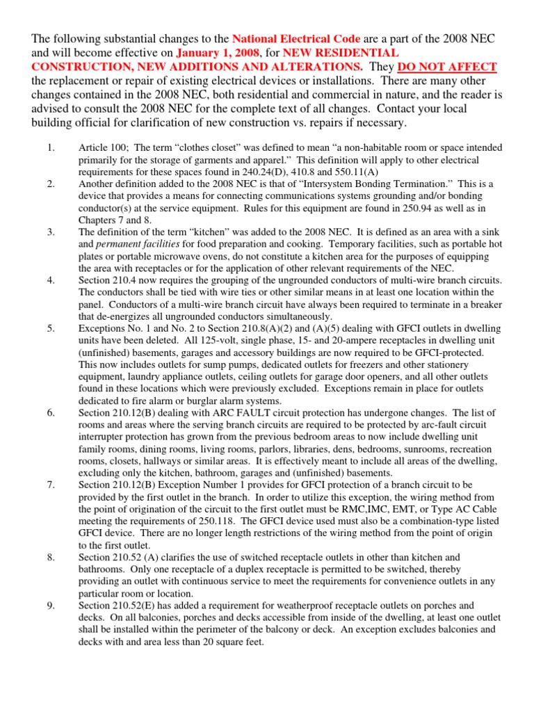 2008 NEC Changes for Residential Wiring | PDF | Electrical Wiring ...