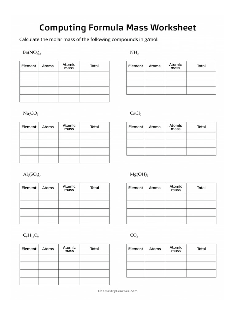 Chemistry Computing Formula Mass Worksheet With Answer Key | PDF