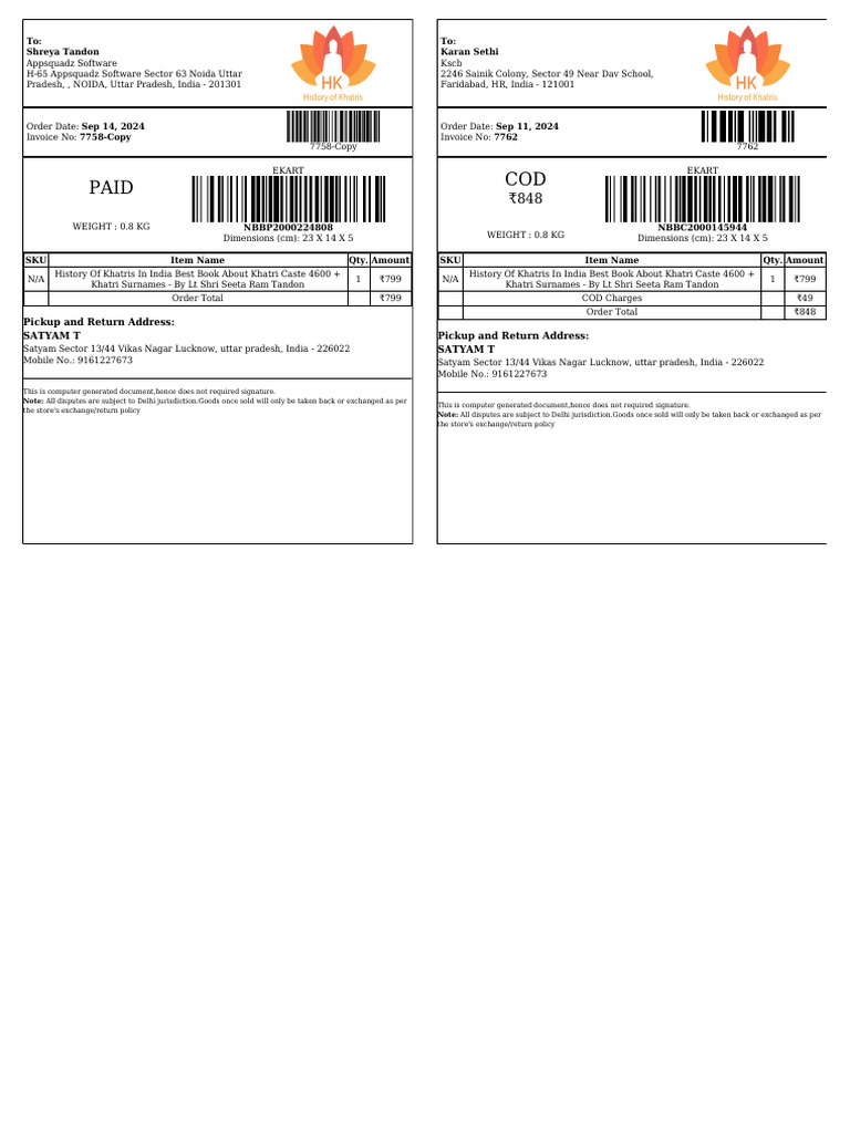 Paid COD: Pickup and Return Address: Satyam T Pickup and Return Address ...