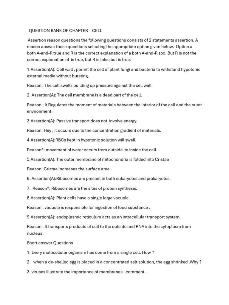 Question Bank For Class IX CHAPTER CELL AND TISSUES | PDF
