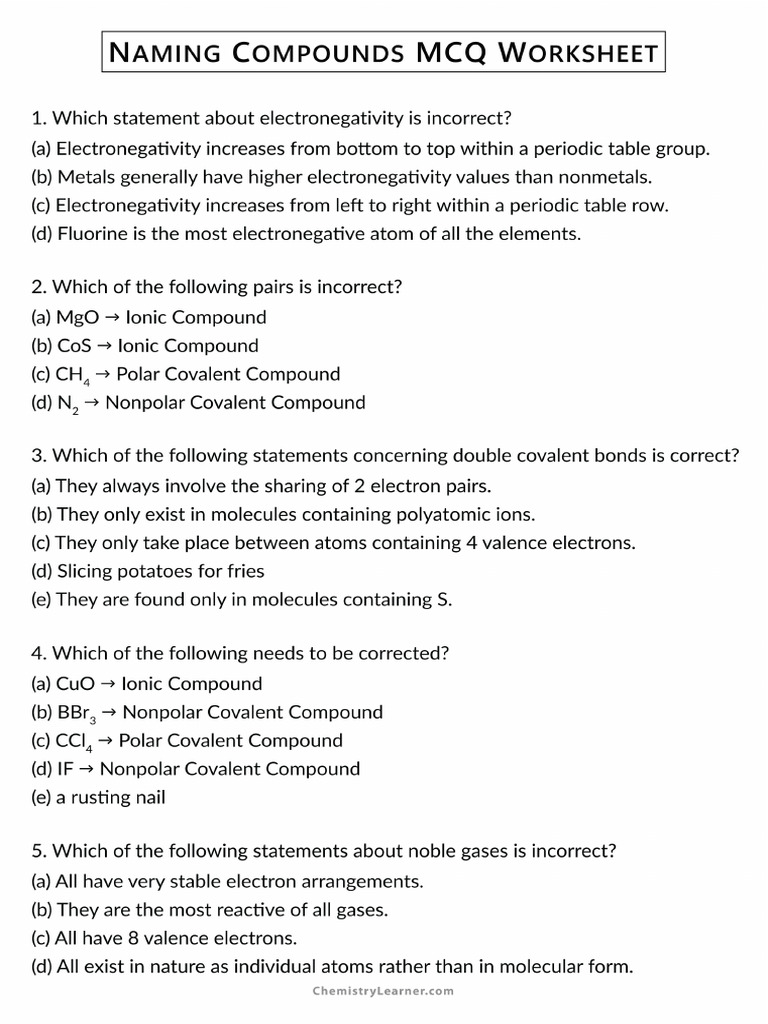 Naming Compounds Worksheet With Answers | PDF